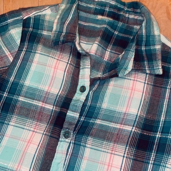 🌺 GEORGE Teal Plaid Roll Tab Sleeve Button Down Shirt - Picture 2 of 6